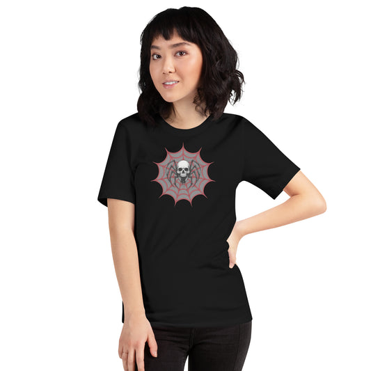 Woman wearing Widow Web spider and skull black t shirt by Cryptic Foundry