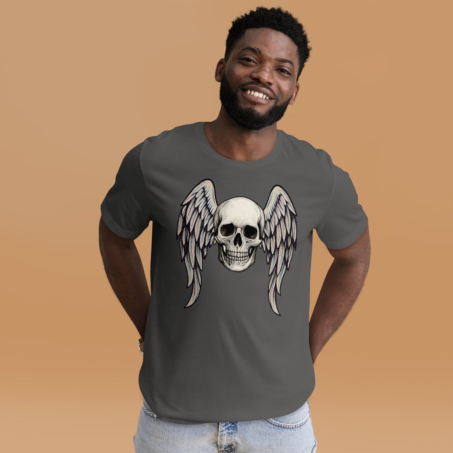 Man wearing Fallen Halo skull with angel wings asphalt t shirt by Cryptic Foundry