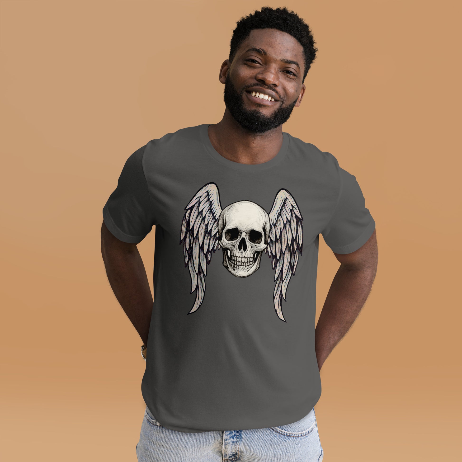 Man wearing Fallen Halo skull with angel wings asphalt t shirt by Cryptic Foundry