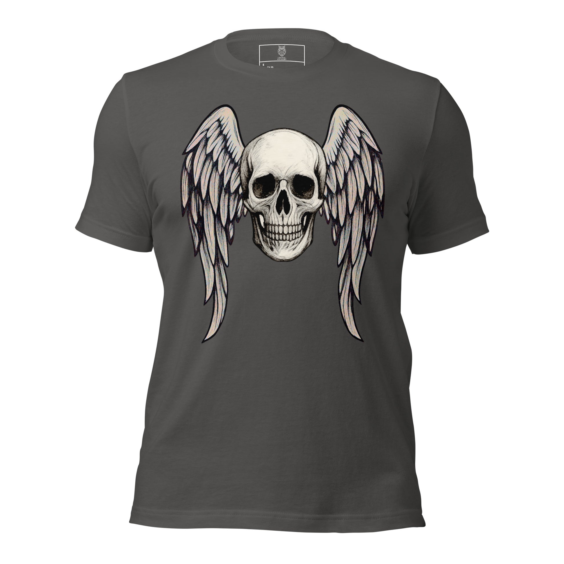 Fallen Halo skull with angel wings unisex asphalt t shirt by Cryptic Foundry