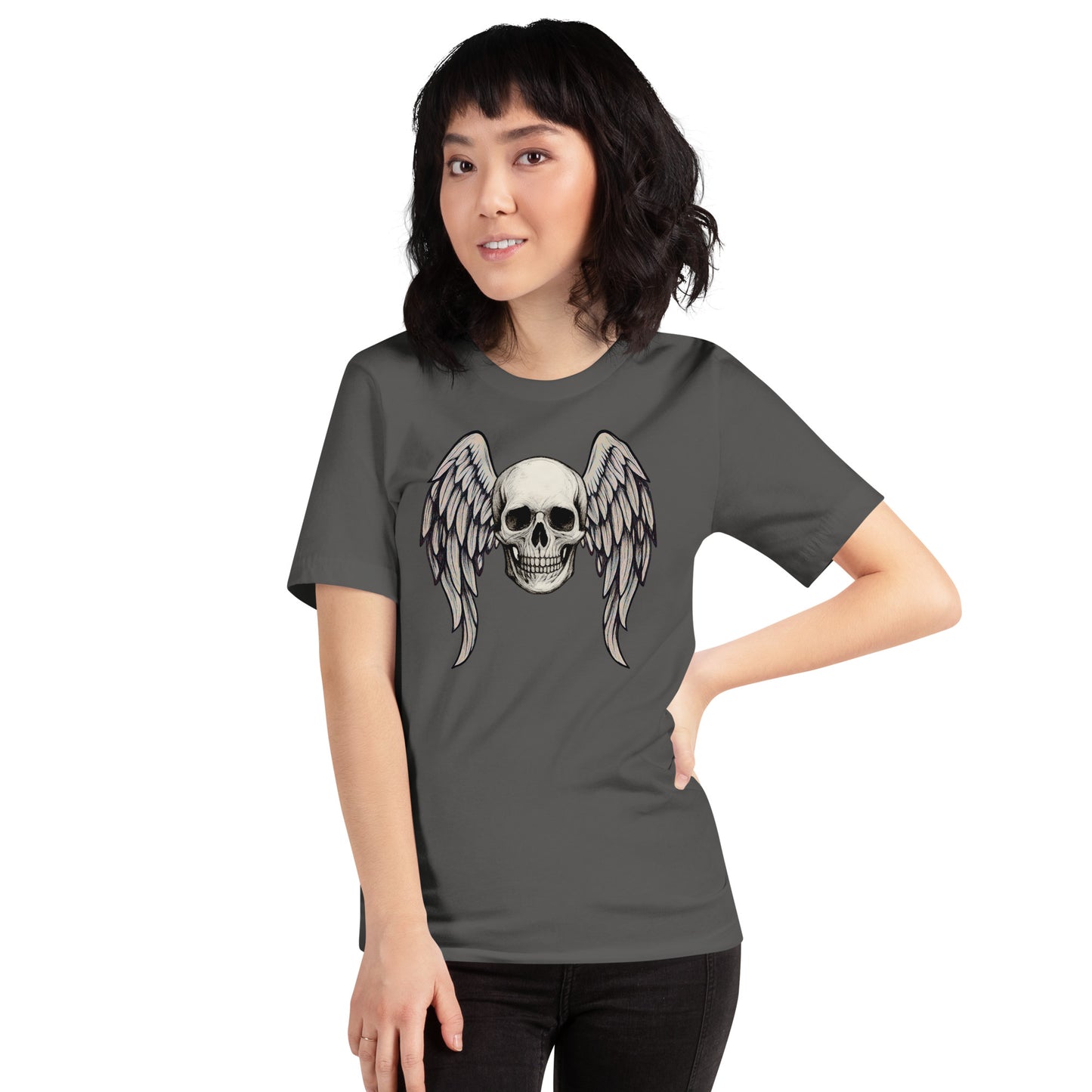 Woman wearing Fallen Halo skull with angel wings asphalt t shirt by Cryptic Foundry