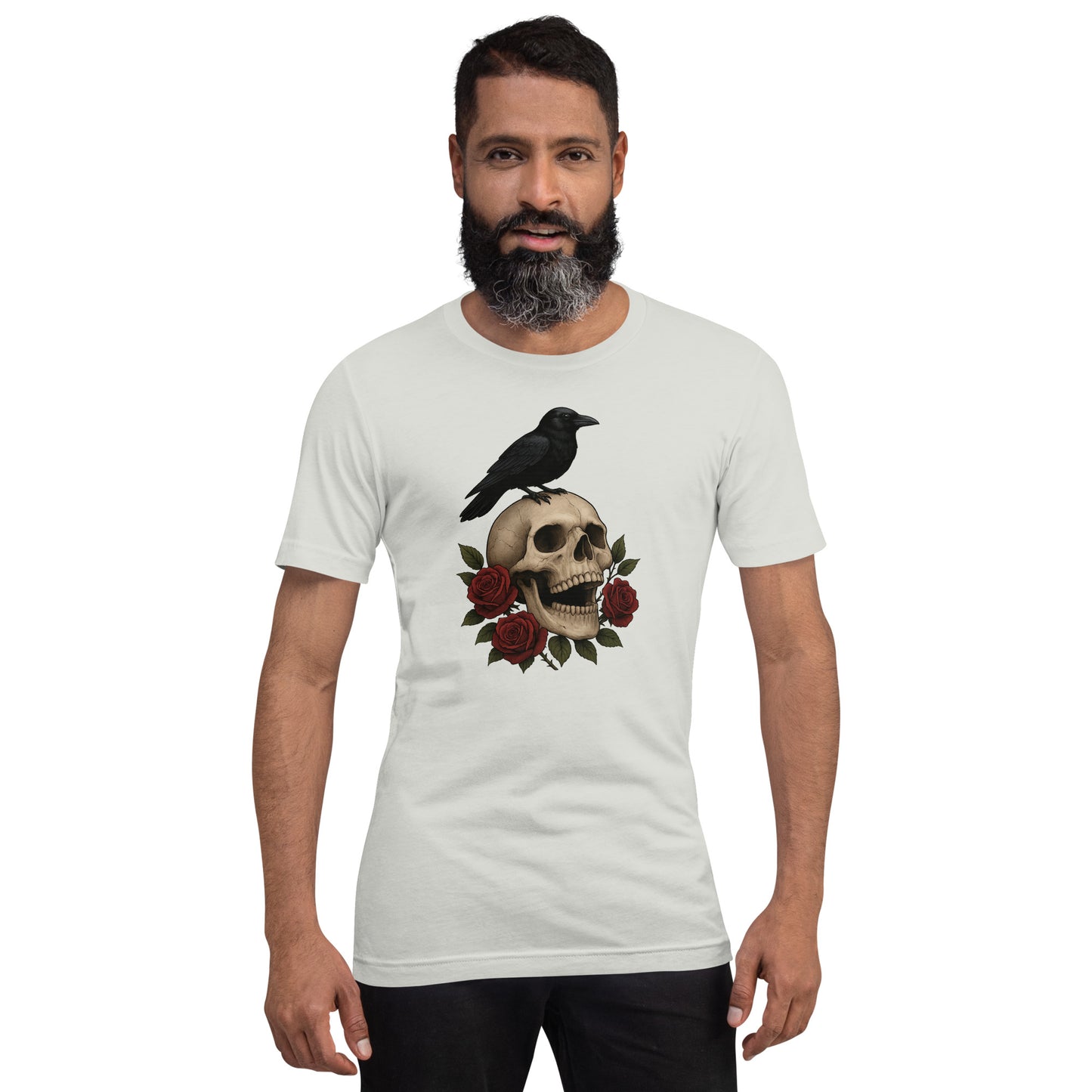 Man wearing Grave Roses skull and roses silver t shirt by Cryptic Foundry