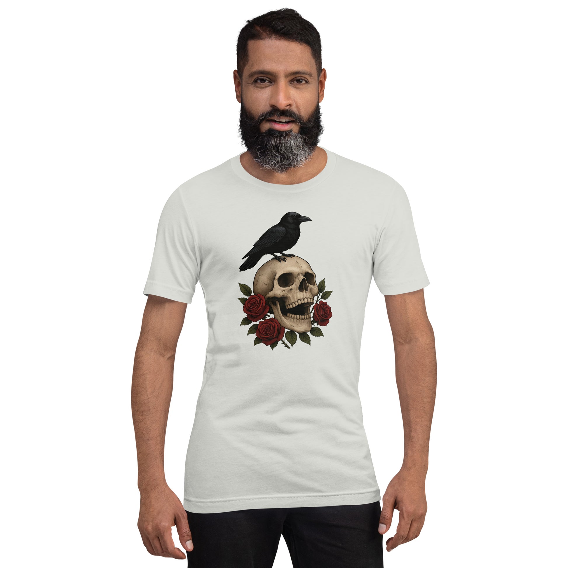Man wearing Grave Roses skull and roses silver t shirt by Cryptic Foundry