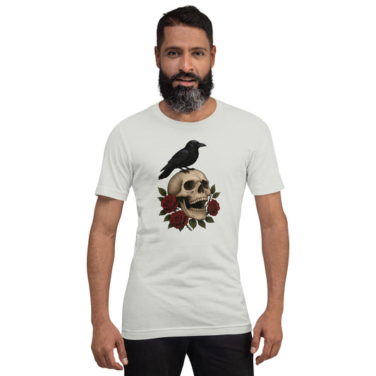 Man wearing Grave Roses skull and roses silver t shirt by Cryptic Foundry