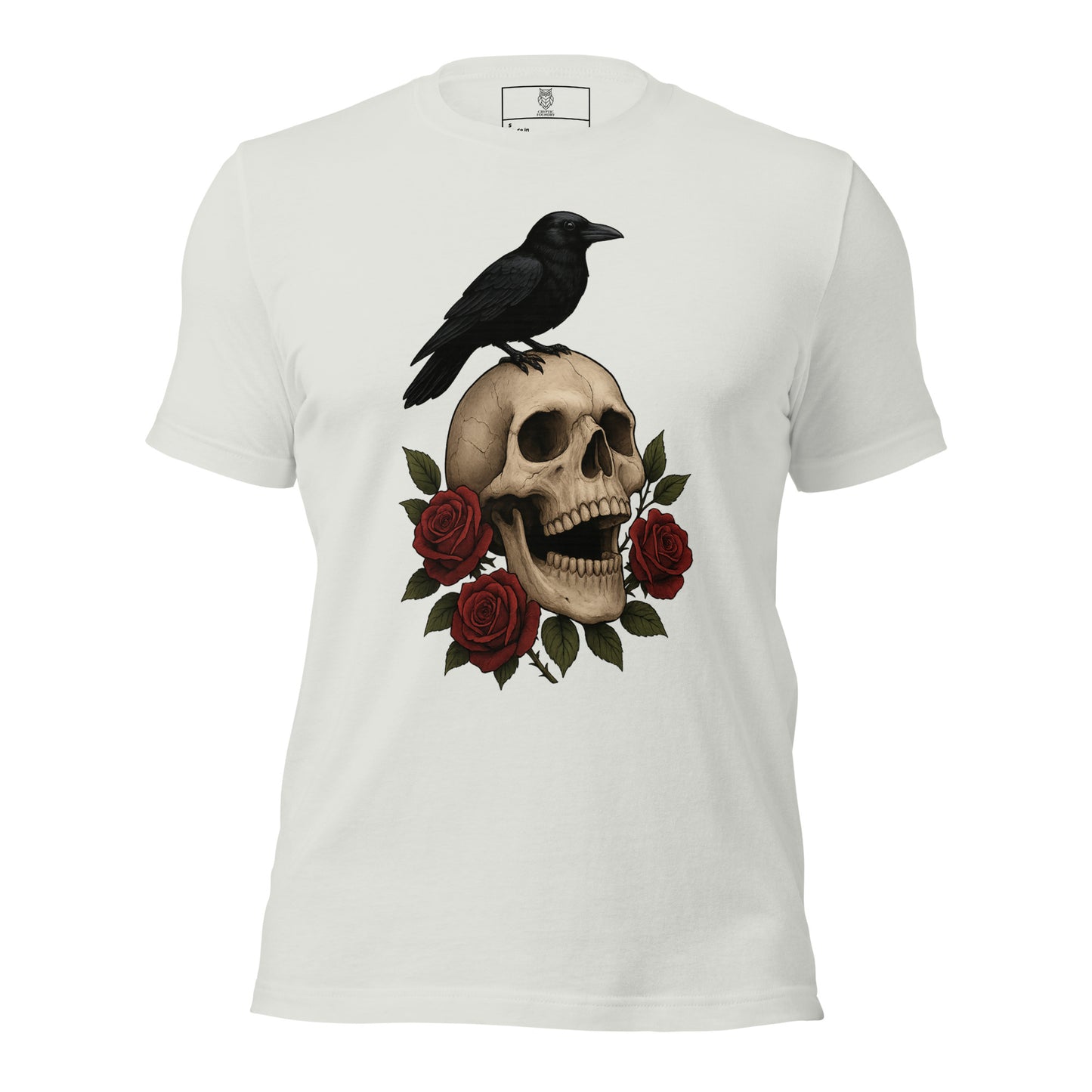 Grave Roses skull and roses unisex silver t shirt by Cryptic Foundry