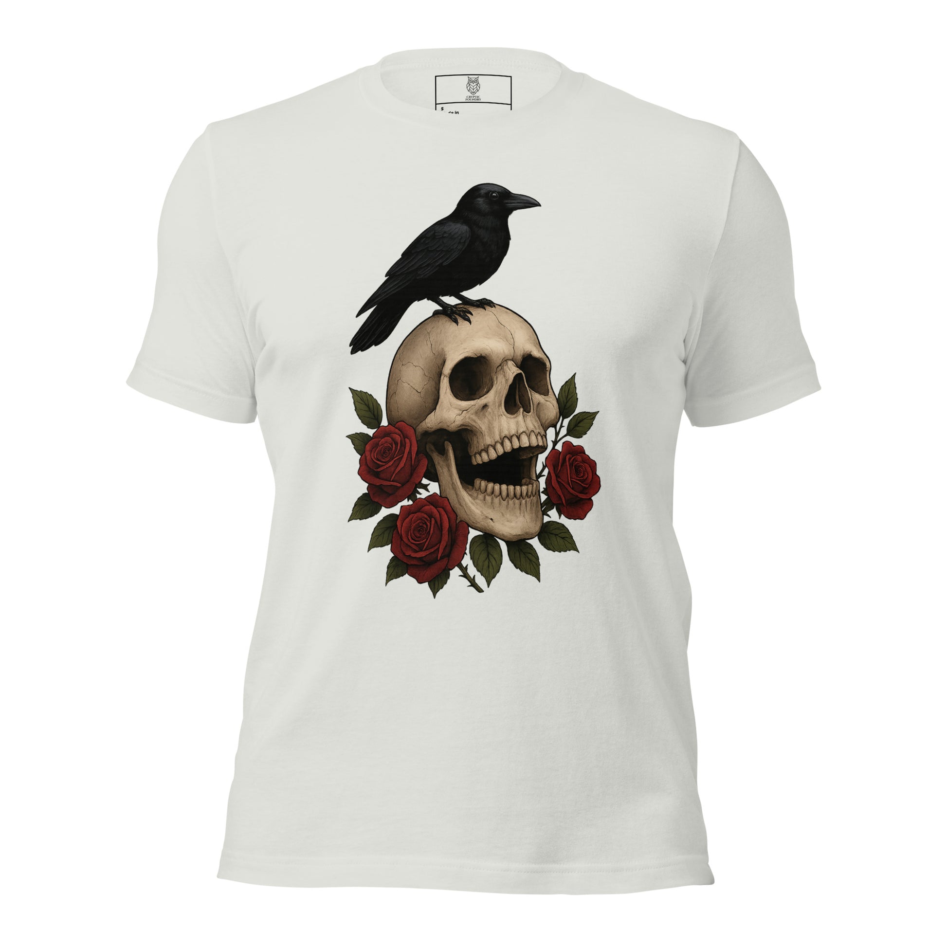 Grave Roses skull and roses unisex silver t shirt by Cryptic Foundry