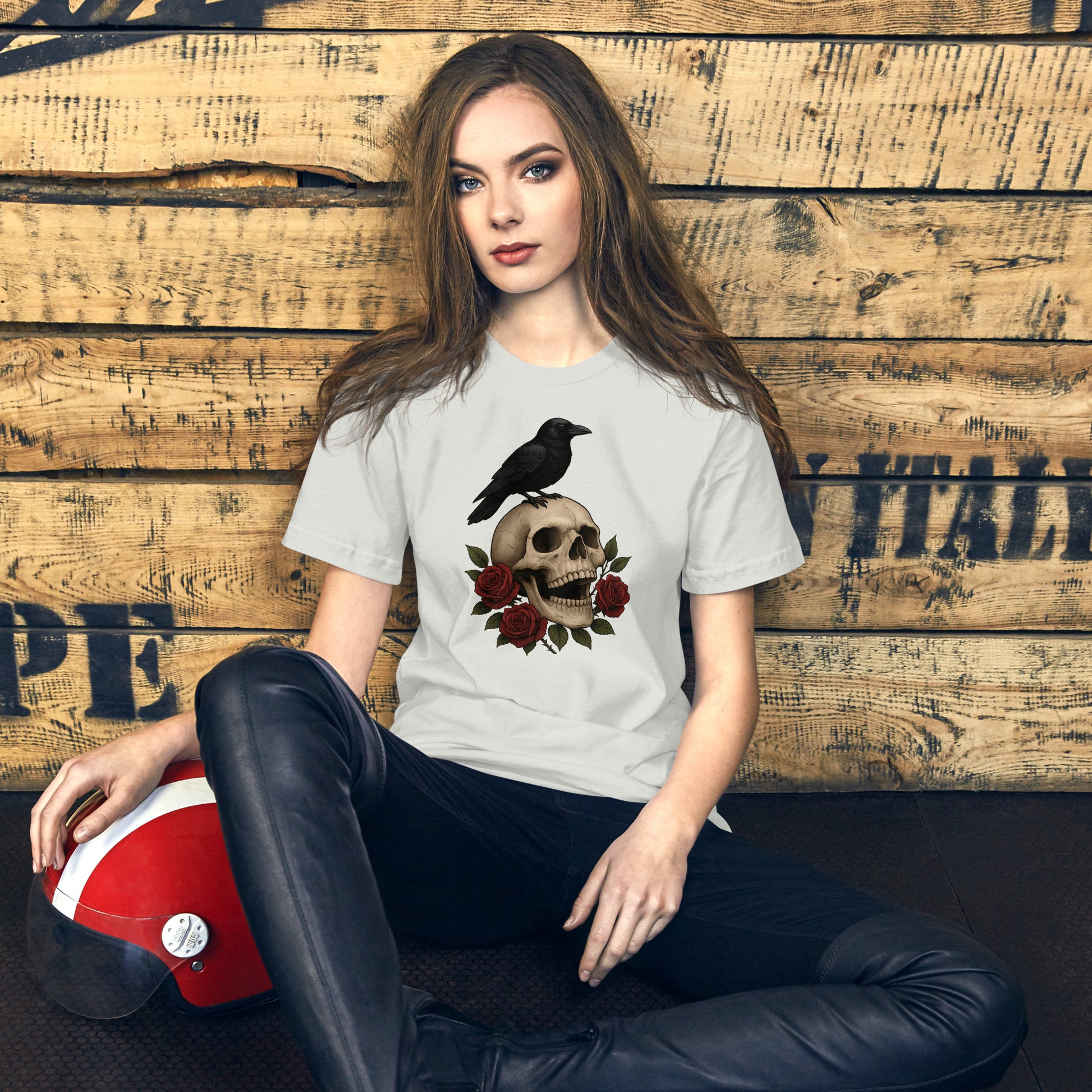 Woman wearing Grave Roses skull and roses silver t shirt by Cryptic Foundry