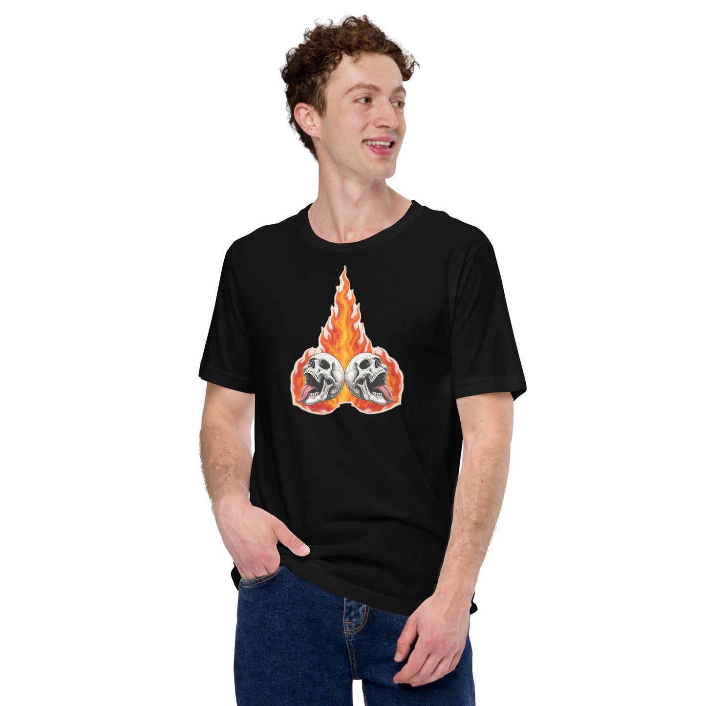 Man wearing Inferno Choir twin flaming skulls black t shirt by Cryptic Foundry