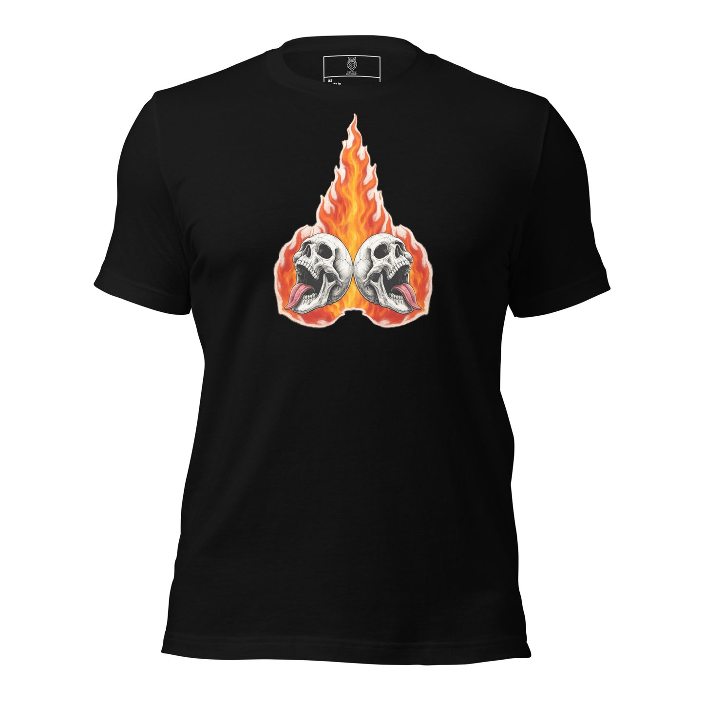 Inferno Choir twin flaming skulls unisex black t shirt by Cryptic Foundry