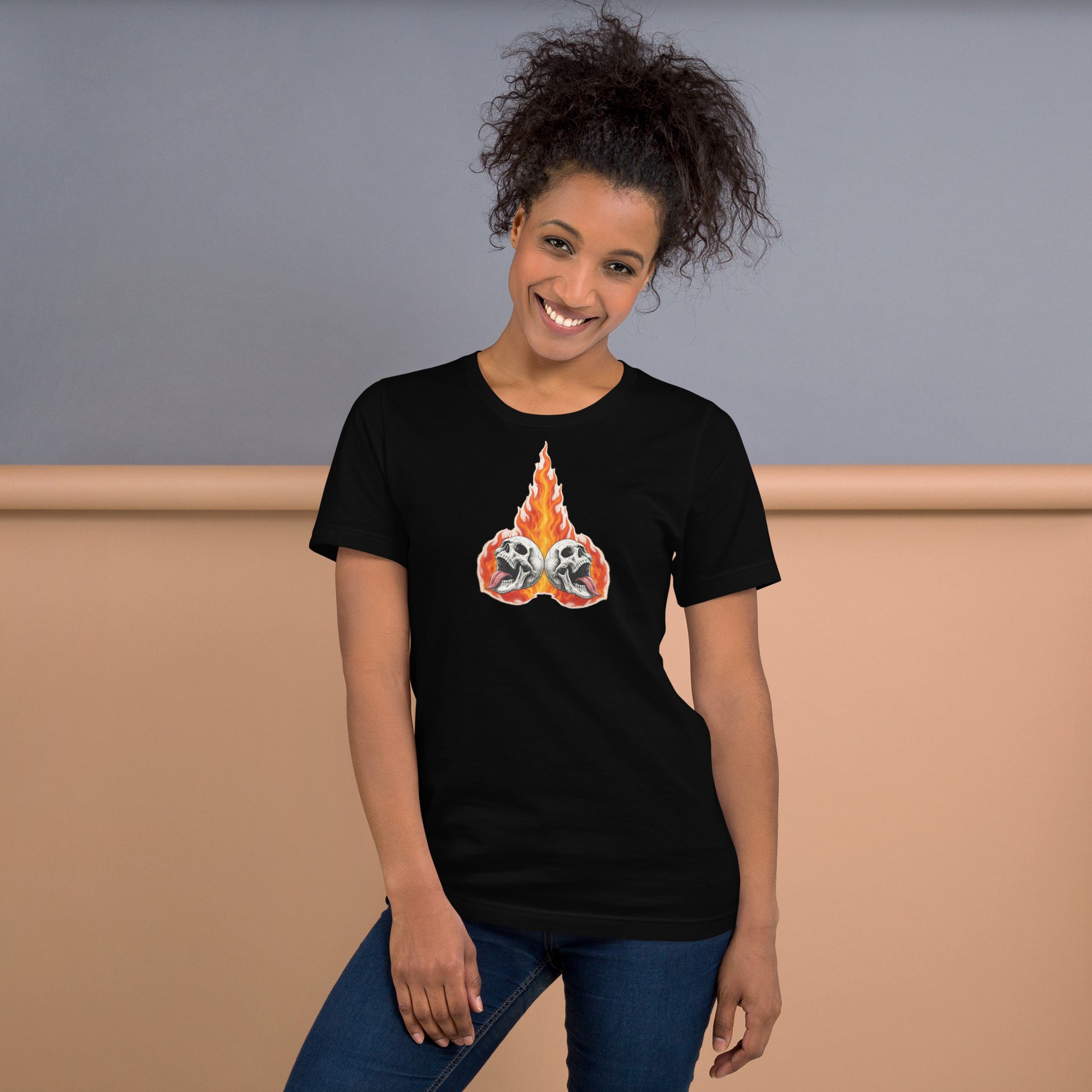 Woman wearing Inferno Choir twin flaming skulls black t shirt by Cryptic Foundry