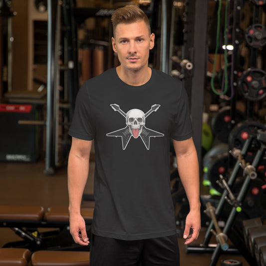 Man wearing Riff Reaper skull and guitar dark grey t shirt by Cryptic Foundry