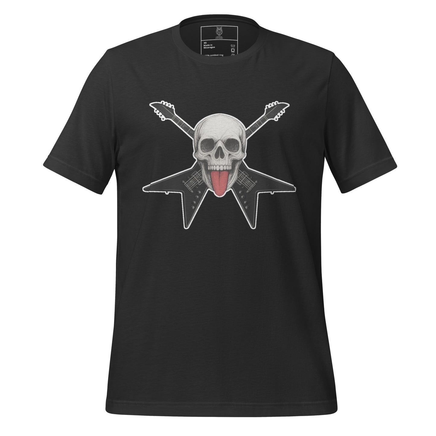Riff Reaper skull and guitar unisex dark grey t shirt by Cryptic Foundry