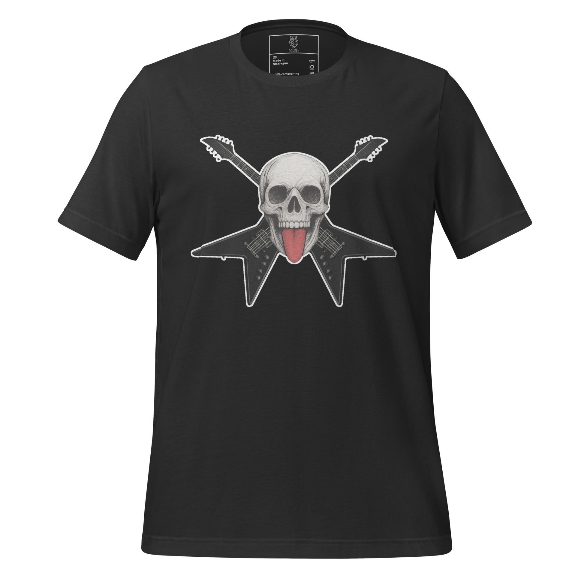 Riff Reaper skull and guitar unisex dark grey t shirt by Cryptic Foundry
