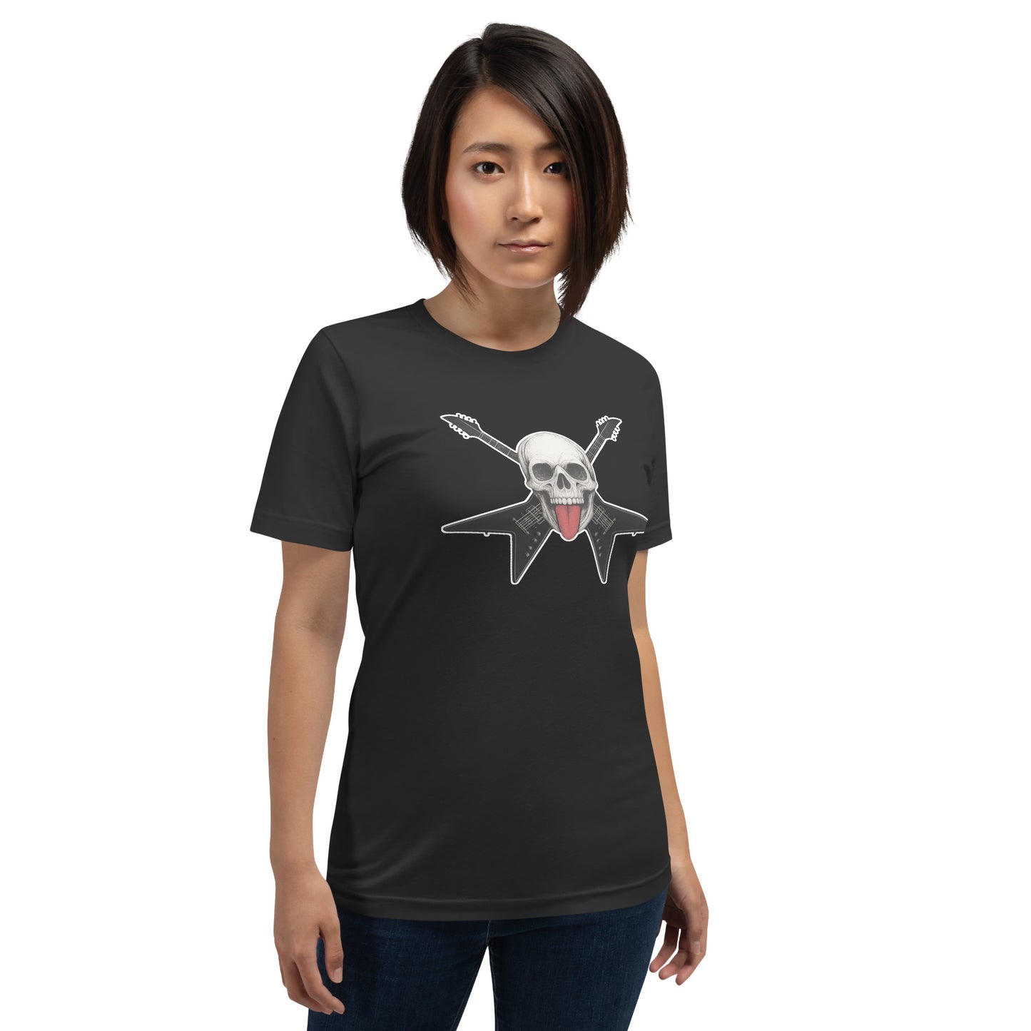 Woman wearing Riff Reaper skull and guitar dark grey t shirt by Cryptic Foundry