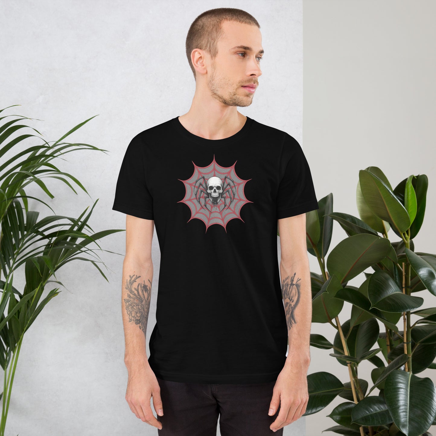 Man wearing Widow Web spider and skull black t shirt by Cryptic Foundry