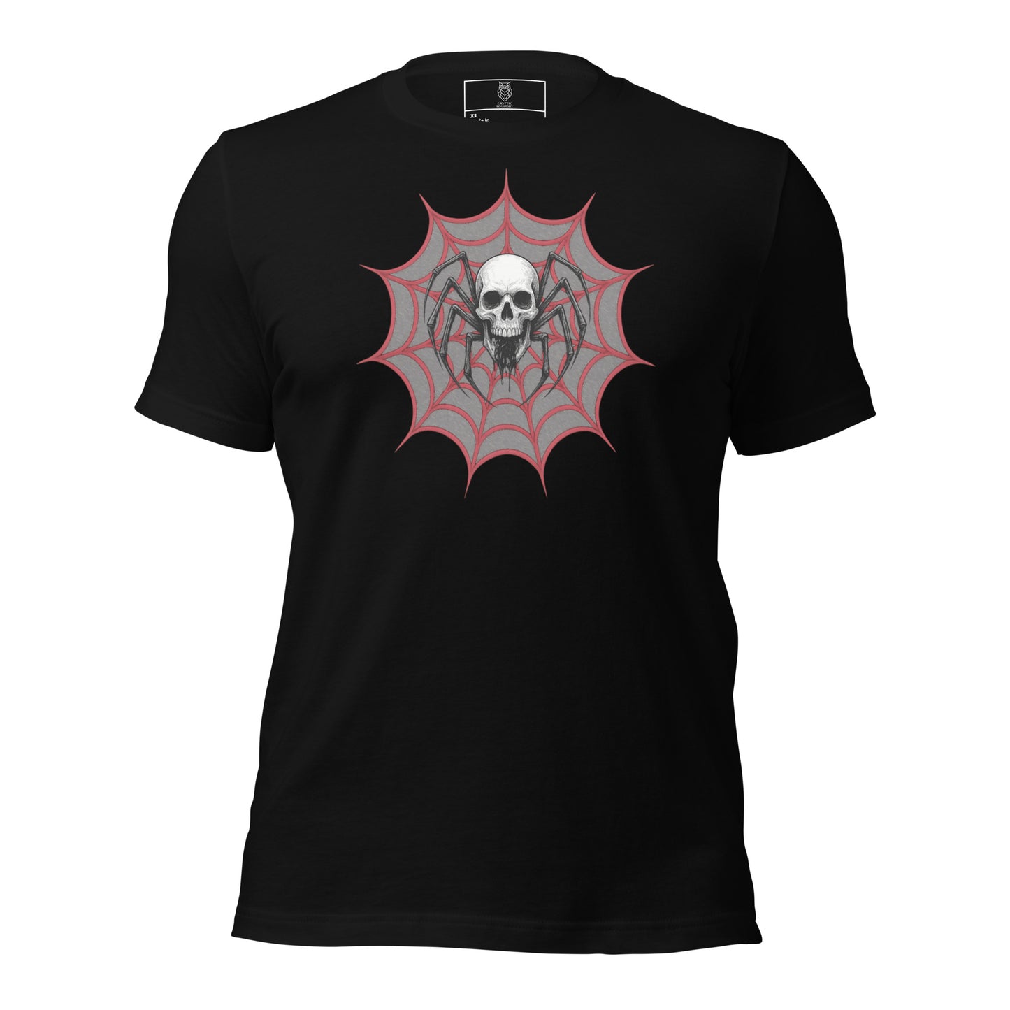 Widow Web spider and skull unisex black t shirt by Cryptic Foundry
